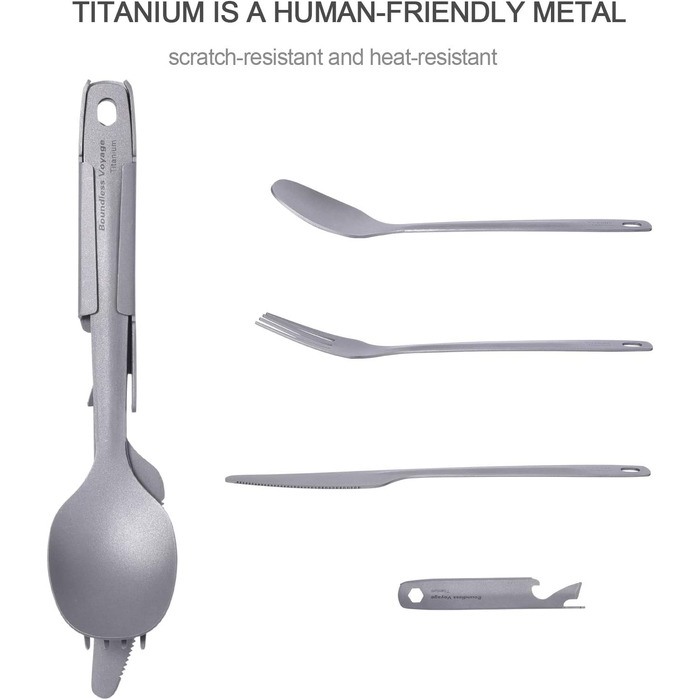 Набір титанових ножів, виделок, ложок та відкривачок для пляшок iBasingo, легкі столові прибори для використання на відкритому повітрі, набір столових приборів для кемпінгу, багаторазовий посуд, міцний, стійкий до іржі, портативний дорожній посуд Ti1066T