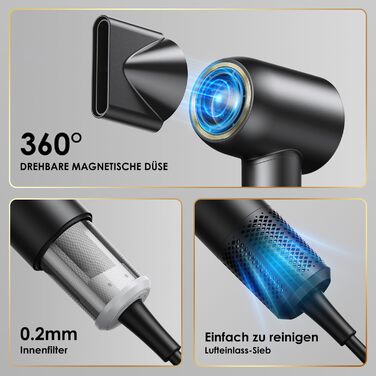 Іонний фен для волосся GLAM 1600W з LED-дисплеєм, 4 температурні та 2 швидкісні режими, швидке сушіння, антифриз-ефект, професійний низькошумний фен для жінок та чоловіків з насадкою для стайлінгу