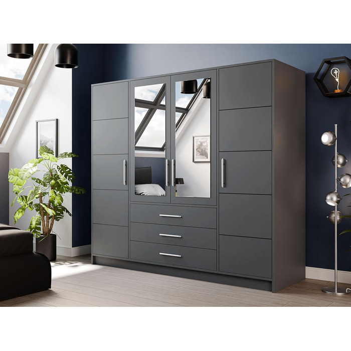 Шафа з орними дверима Bado 4D, шафа з дзеркалом, шухлядами та дзеркальними дверима, елегантна шафа для спальні, молодіжна кімната (графіт)