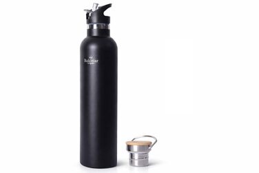 Пляшка для води Bakhtiar з подвійними стінками з нержавіючої сталі - Преміальна ізольована пляшка для гарячих та холодних напоїв - Спортивна пляшка з двома кришками - Підходить для газованих напоїв (Чорна, 1000 мл) Чорна 1000 мл