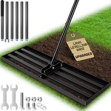 Гребінь для вирівнювання газону з нержавіючої сталі 76x25 см, з ергономічною регульованою ручкою 194 см, для видалення сміття, піску та вирівнювання газону в саду, на гольф-полі та подвірї