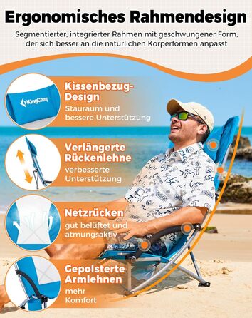 Низький складний пляжний стілець KingCamp, легкий, витримує до 180 кг, складний пляжний стілець із сітчастою спинкою, тримачем для напоїв та сітчастою кишенею, легкий складний кемпінговий стілець, складний стілець для пляжного кемпінгу Hr 2 шт., синє сітч