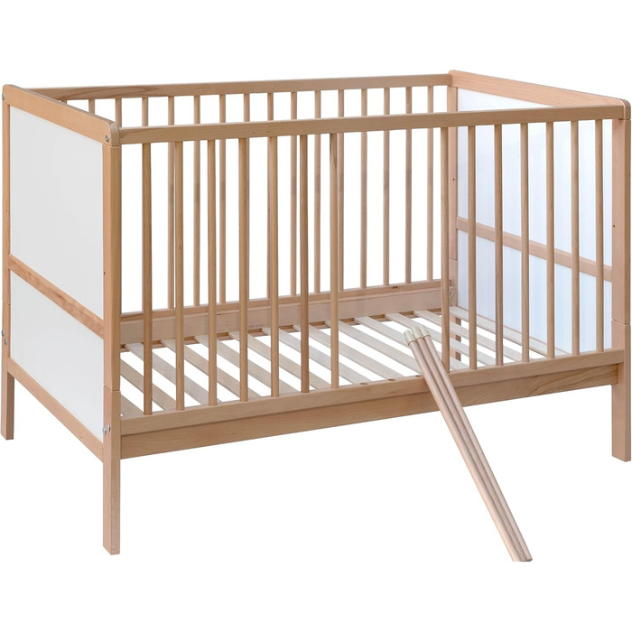 Дитяче ліжко Nelly 120x60 см Дитяче ліжко Натуральний/Білий Бук Регульована висота у 2 напрямках 3 знімні перекладини Сертифіковано EN 716