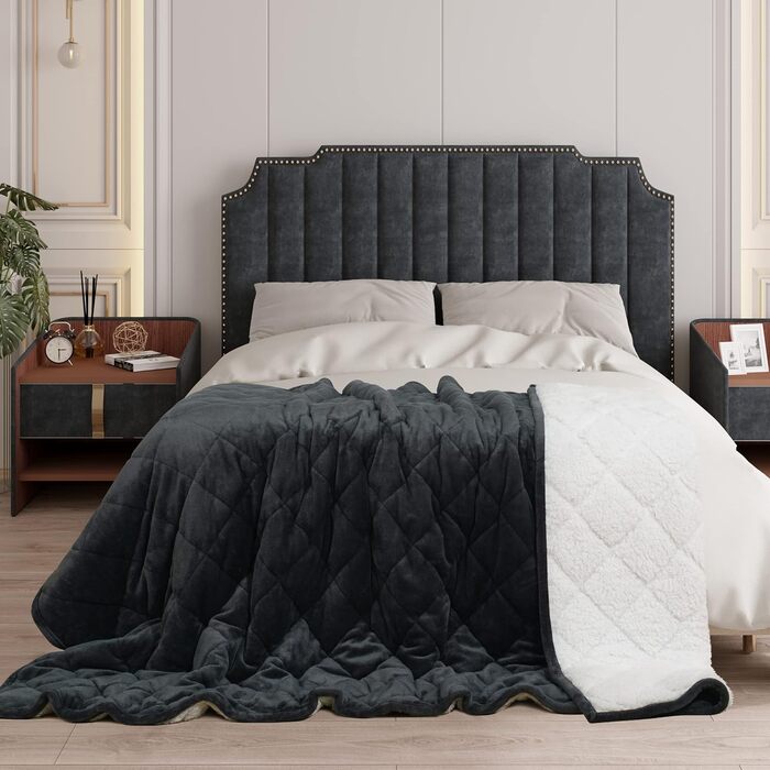 Обтяжена ковдра WOLTU, терапевтична ковдра для дорослих, двостороння обтяжена ковдра зі скляними намистинами, антистресова, пухнаста, виготовлена з шерпа фланелі, 11 кг, 150 x 200 см, чорна 150x200 см 11 кг антрацит