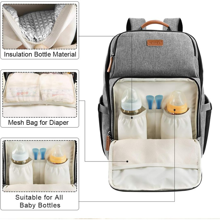 Пеленальний рюкзак Багатофункціональний великий місткий дитячий рюкзак для подорожей і 2 ремені для коляски на ходу 28 л сірий