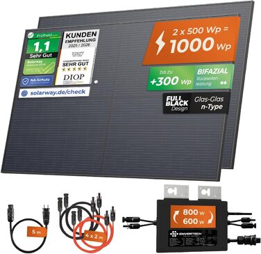 Балконна електростанція Solarway 1000 Вт, комплектна розетка 800 Вт - Найновіший інвертор 800 Вт - Повний комплект сонячної системи - Двосторонні сонячні панелі 500 Вт, Envertech та аксесуари (монтажний кронштейн не входить до комплекту)