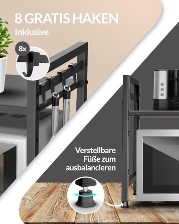 Полиця для мікрохвильової печі, кухонна полиця, стояча, сталь (2-рівнева) Полиця для мікрохвильової печі, шафа для мікрохвильової печі Полиця для зберігання, полиця для пекарні, регульовані по висоті та довжині полиці відеоінструкції, гачки - Чорний, 2-рі