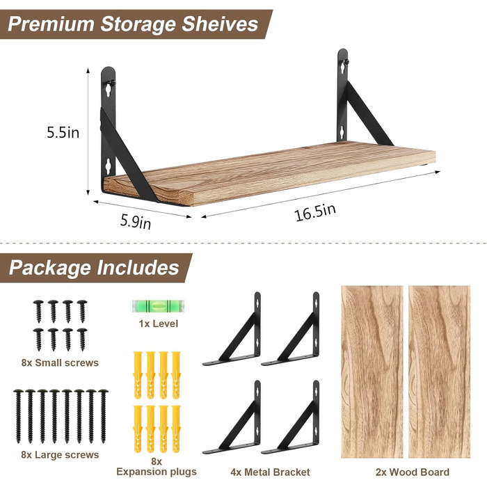 Настінна дерев&39яна полиця Uten Rustic, плаваюча полиця 42 см, комплект з 2 предметів з металевим дротом для вітальні, спальні, кухонної полиці, кольору дерева, вінтажний світло-коричневий B - колір дерева