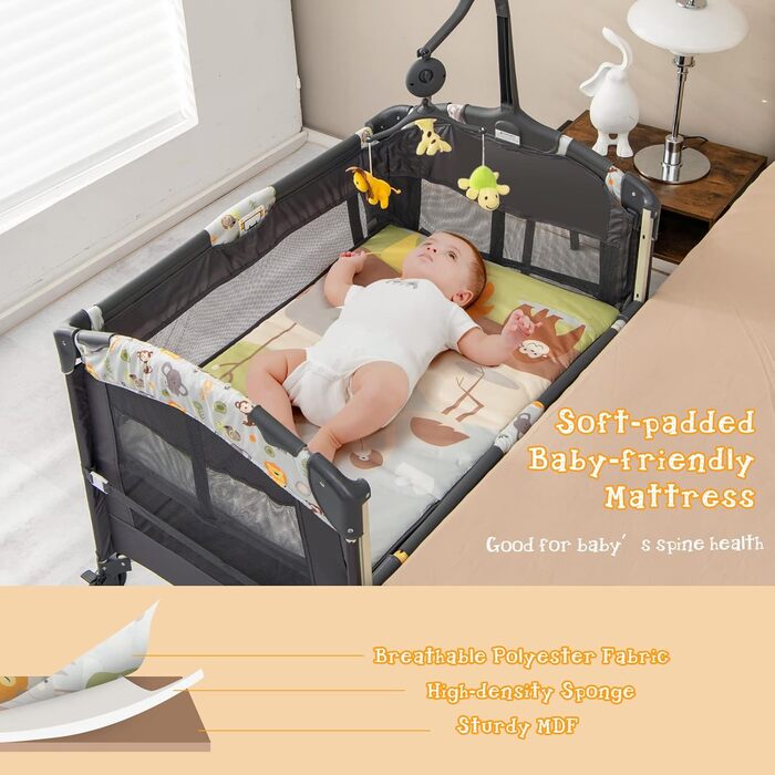 Складане дитяче ліжечко LIFEZEAL 4-в-1, приліжкове ліжечко 107 x 72 см з U-подібним тримачем для підгузків, регульоване по висоті дитяче дорожнє ліжечко, дитячий центр з музичним мобільним телефоном, дитяче дорожнє ліжечко з пеленальний килимок (сірий)