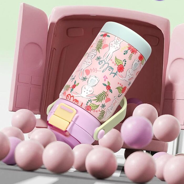 Дитяча ізольована пляшка для води з кришкою-трубочкою, 350 мл, вакуумний стаканчик з подвійною стінкою без бісфенолу А, 18/8 нержавіюча сталь, герметичний, дитячий, з трубочкою для школи, подорожей, хлопчиків, дівчаток (кролик)