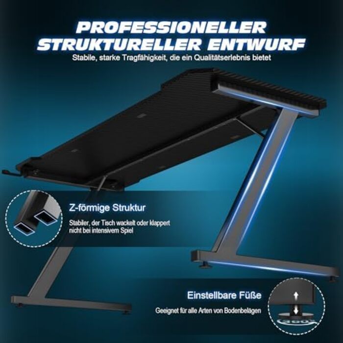 Ігровий стіл 120 x 60 см, ігровий стіл, ПК-стіл з гачком для навушників та карбоновим покриттям, ергономічний комп&39ютерний стіл, металевий каркас, карбон чорного кольору