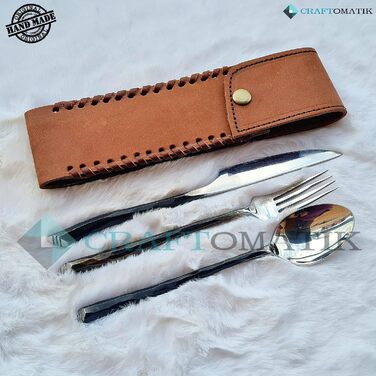 Набір столових приборів ручної роботи в середньовічному стилі 3-предметний (ніж, виделка, ложка) зі шкіряним чохлом Подарунковий набір для кухні, кемпінгу та барбекю HFTC04x