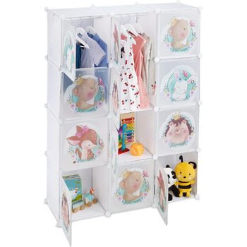 Дитячий стелаж Relaxdays, 2 вішалки для одягу, дверцята з тваринками, ВхШхГ 145x110x37 см, дитяча шафа зроби сам, білий
