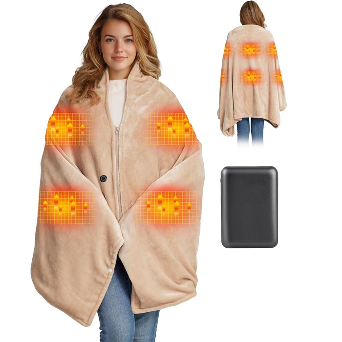Бездротова ковдра з підігрівом з акумулятором 10000 мАг, електрична фланелева ковдра з підігрівом 160x90 см, портативна для жінок та чоловіків, 3 рівні нагріву, можна прати для дому, офісу, кемпінгу, хакі