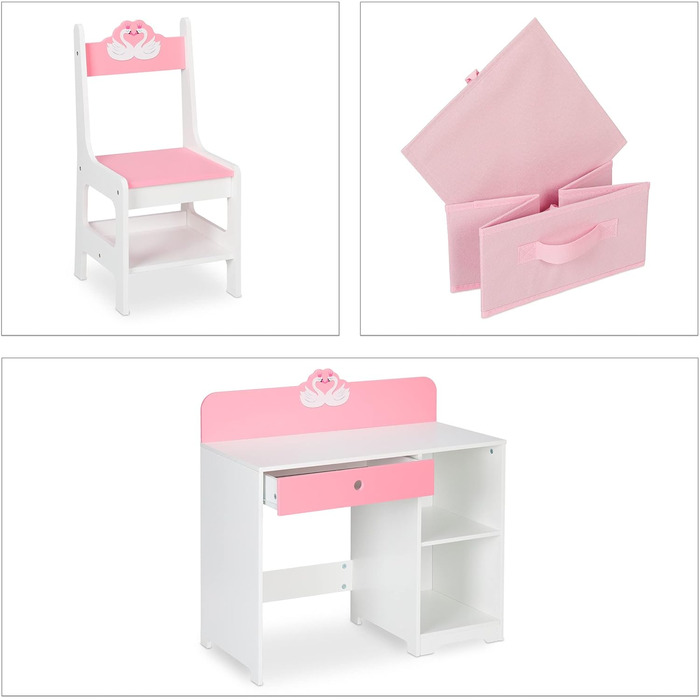 Стіл і стілець Relaxdays для дітей, шухляда і 2 відкритих відділення, мотив лебедя, меблі для дитячої кімнати, рожевий/білий