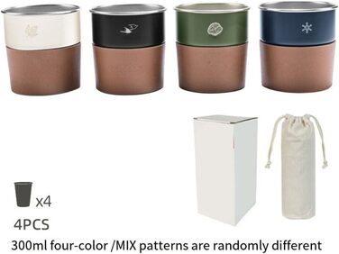 Набір стаканчиків-ступеней з нержавіючої сталі, 4 предмети, з тримачем зі штучної шкіри, місткістю 300 мл, для кемпінгу, активного відпочинку та подорожей