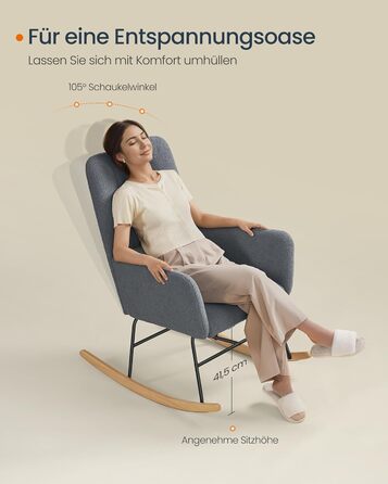 Крісло-гойдалка SONGMICS HOME з підлокітниками, крісло-реклайнер, оббите флісом, сталевий каркас, ніжки з каучукового дерева, вантажопідйомність до 136 кг, для спальні, вітальні, колір Сірий сланцевий LYY500G01 без підставки для ніг, колір Сірий сланцевий