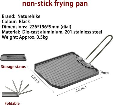 Сковорода з антипригарним покриттям Naturehike, складна ручка, сковорода-гриль для вулиці, алюмінієва сковорода для стейків, портативна та легка (0,5 кг), легко миється, підходить для кемпінгу та походів