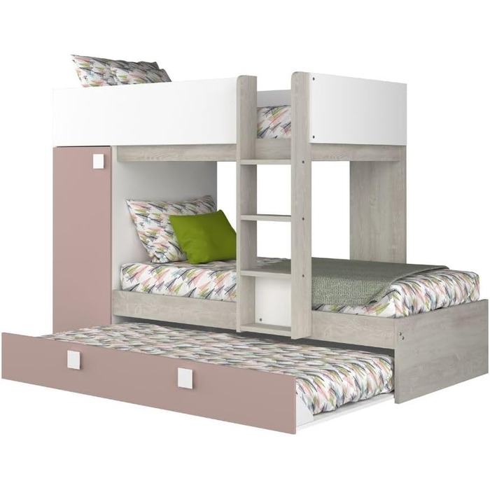 Двох'ярусне ліжко для двох дітей з висувним ліжком і шафою Колір білий потертий і античний рожевий