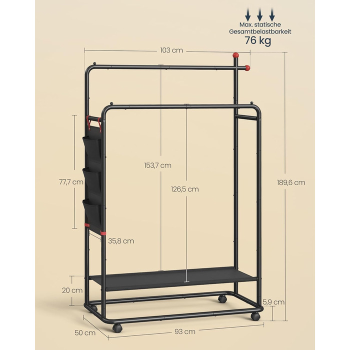 Вішалка для одягу на колесах, Підставка для гардеробу, 2 рейлінги для одягу, Полиця, Бічний органайзер, Гачки у формі сірників, Міцна, Спальня, Коридор, Чорний колір HSR171B01 50Г x 189.6В см