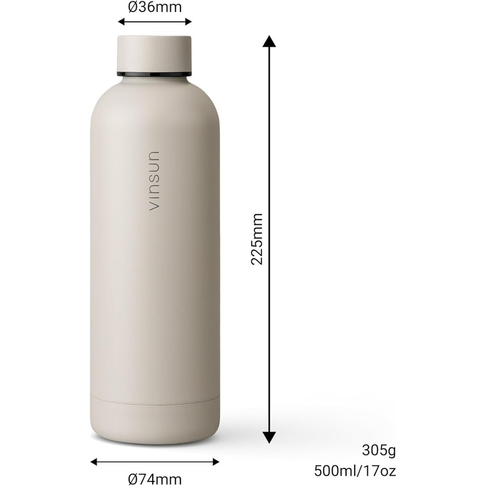 Пляшка для води Vinsun з нержавіючої сталі, бежева, 500 мл - герметична, підходить для газованих напоїв, без BPA - з подвійною стінкою, ізольована - термопляшка для спорту, активного відпочинку, школи, університету, спортзалу, кемпінгу, 500 мл бежевого ко