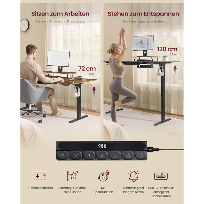 Письмовий стіл з регульованою висотою, 140 x 70 см, гнучка підставка для монітора, шухляда, порт USB-C, нагадування про тривале сидіння, для офісу, вінтажний коричневий LSD154KD01 140 x 70 см вінтажний коричневий