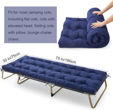 Матрац для кемпінгу (190 x 75 см), бавовняний килимок для похідного ліжка, стьобаний килимок для сну для кемпінгу, килимок для сну, бавовняний килимок для сну, що згортається та складається, портативний темно-синій