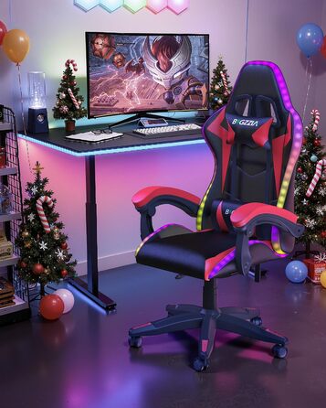 Ігрове крісло bigzzia зі світлодіодним підсвічуванням - Ергономічне ігрове крісло з підголівником, ігрове крісло з RGB-підсвічуванням, комп&39ютерне крісло для підлітків та дорослих, чорно-червоне