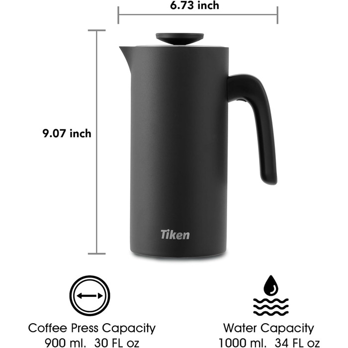 Френч-прес з нержавіючої сталі Подвійний стінний пилосос Thermo Coffee Ready Посудомийна машина безпечна чорна, 1L