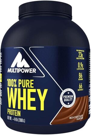Протеїн 100% Pure Whey, Multipower, Шоколад, 2 кг — водорозчинний порошок з концентратом та ізолятом сироватки, 21 г білка на порцію
