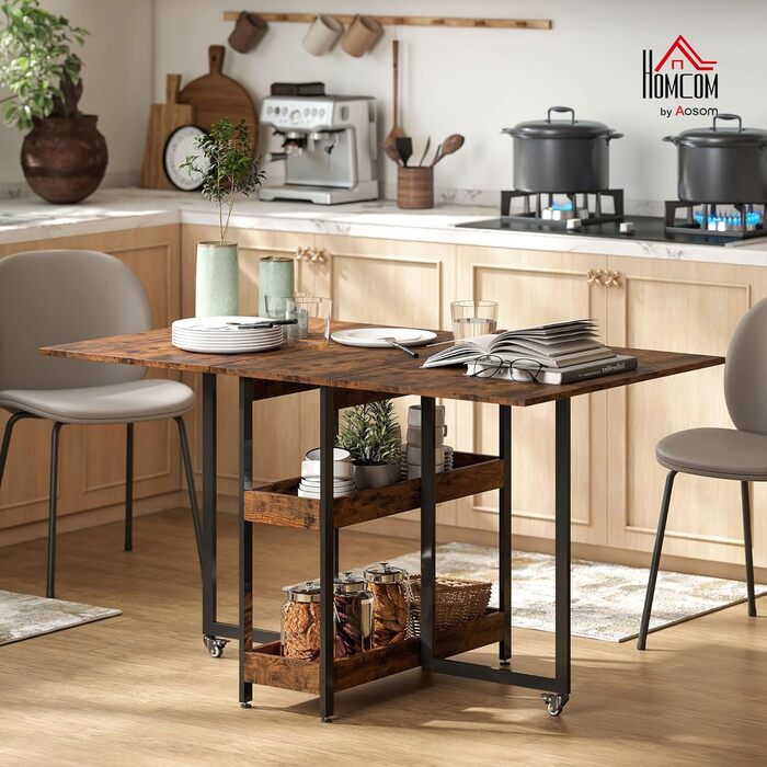 Розкладний обідній стіл, Кухонний стіл для 2-4 осіб з 2 відкритими полицями, Розкладний обідній стіл на колесах для невеликих приміщень, Їдальня, Кухня, 133,4 x 80 x 75 см, Колір рустик-коричневий