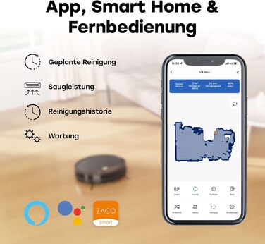 Вакуумний робот ZACO V4 Max без функції витирання, технологія запобігання заплутування шерсті домашніх тварин, ультратонкий дизайн 30x7,6 см, вакуумний робот із GyroNav, потужність всмоктування 3000 Па, робот-пилосос