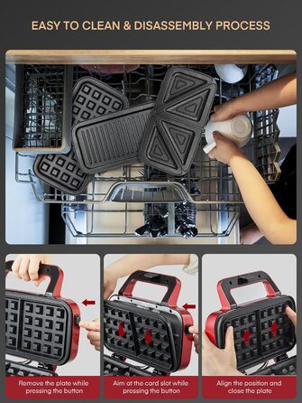 Бутербродниця 3 в 1, вафельниця 1200 Вт/контактний гриль/тостер для сендвічів, 5-швидкісний контроль температури, набори пластин Coater з антипригарним покриттям, термоізольована ручка, можна мити в посудомийній машині, світлодіодні лампи, червоний