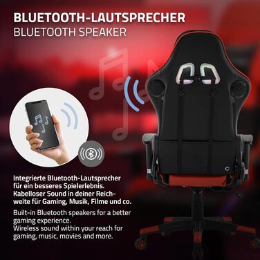 Ігрове крісло ML-Design із RGB-світлодіодним підсвічуванням та Bluetooth-динаміками, червоне, штучна шкіра, ергономічне офісне крісло, висока спинка, підголівник, поперекова підтримка, поворотне та регульоване, гоночне ігрове крісло