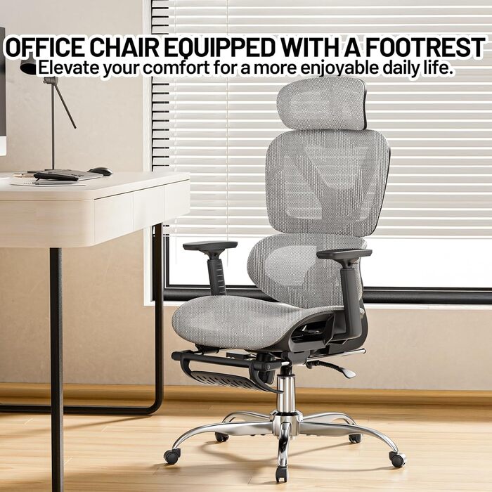 Ергономічне офісне крісло, стілець для роботи з підставкою для ніг, регульована спинка 90-120, поперекова підтримка, підлокітники з 4D PU, міцні металеві ніжки, надзвичайно широка подушка, темно-сірий колір, підходить для дорослих.