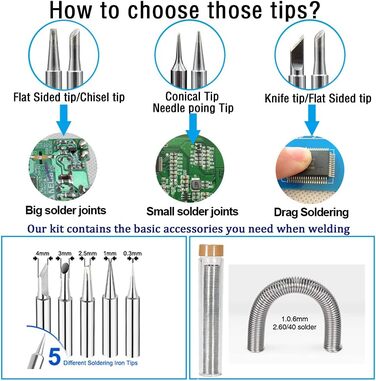 Набір паяльників, паяльник 60 Вт з вимикачем 200-450C, регульована ручка температури, 5 жал, вигнутий пінцет, паяльний дріт, підст