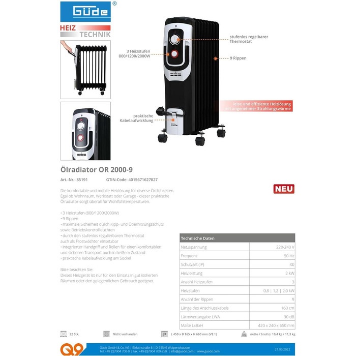 Масляний радіатор Gde OR 2000-9 DT (220-240 В, потужність нагріву 2000 Вт, 3 рівні нагріву (800/1200/2000 Вт), РК-дисплей, функція таймера, 9 ребер, безступінчастий термостат, захист від перекидання та перегріву, транспортні колеса) 2000 Вт / 9 ребер з РК