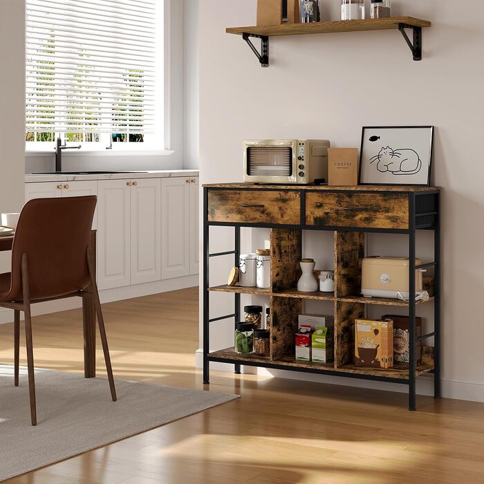 Полиця, книжкова шафа з 2 шухлядами, 6 відкритих відділень, окремостояча полиця з металевим каркасом, полиця для зберігання, для вітальні, кабінету, спальні, рустикальний коричневий, чорний вінтажний коричневий