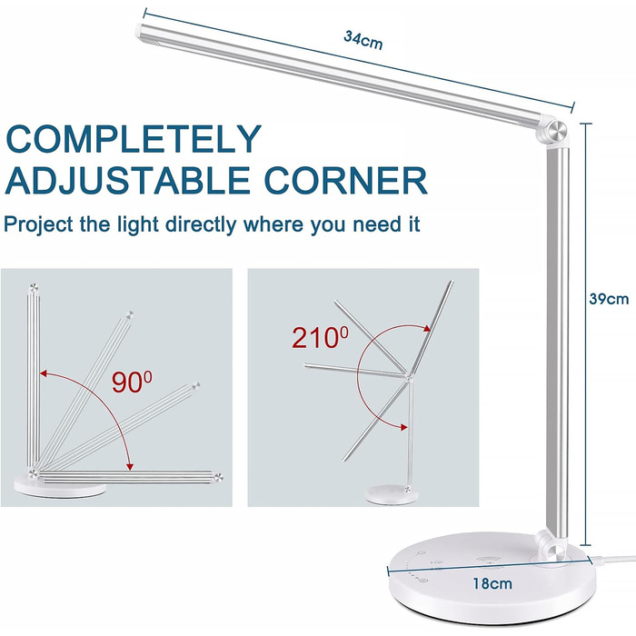 Настільні лампи LED з бездротовою зарядкою USB з можливістю затемнення 5 кольорів і 10 рівнів яскравості Захист очей Настільна лампа з таймером Офісна лампа з функцією пам'яті, складна настільна лампа для читання офісу 5.0 Вт