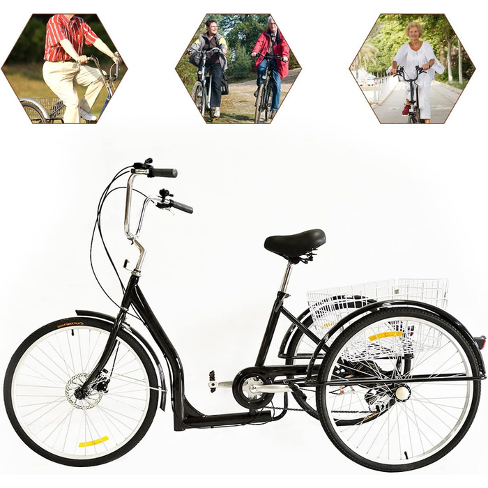 Дюймовий триколісний велосипед для дорослих, міський триколісний велосипед, 6-швидкісний триколісний велосипед, велосипед для відпочинку, триколісний велосипед з кошиком для покупок, протиковзкі та зносостійкі колеса, для покупок, подорожей, пікніків (чор