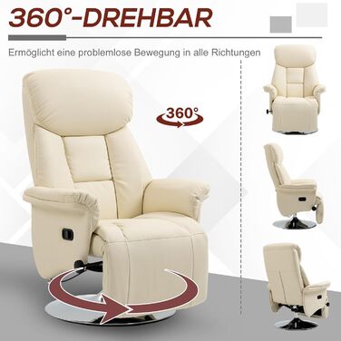 Крісло для телевізора HOMCOM з функцією відкидання, обертове крісло для телевізора з регульованою спинкою, м&39яке крісло-реклайнер, витримує вагу до 150 кг, штучна шкіра, для вітальні, кремово-білий колір