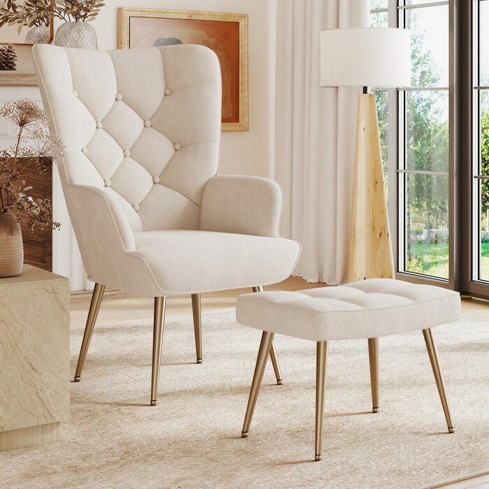 Крісло, диван для вітальні, сучасне крісло-гойдалка, реклайнер з металевими ніжками, оксамит, для вітальні/спальні, до 150 кг (кремовий, з підставкою для ніг) з підставкою для ніг, кремовий