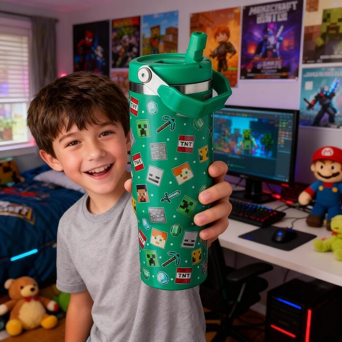 Дорожня кружка HOX Minecraft, кавова кружка з герметичною трубочкою та кришкою, двостінна, вакуумно-ізольована пляшка для води для офісу або автомобіля, зберігає холодну воду 17 годин та гарячу 5 годин, 900 мл, зелена новинка, сучасний дизайн