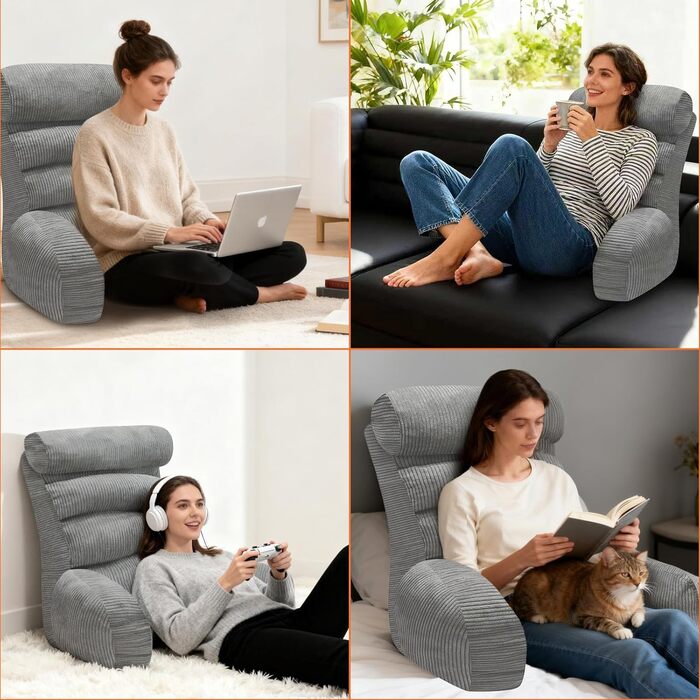 Подушка для читання зі спинкою для дорослих з підлокітниками. Знімний чохол, який можна прати. Зручна підтримка спини. Зручна для сидіння, читання або перегляду телевізора на підлозі чи дивані (темно-сіра)