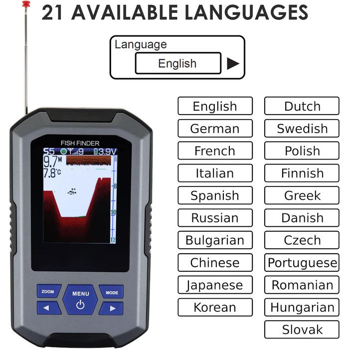 Бездротовий датчик ехолота 125 кГц, частота 45 метрів/147 футів, функція сигналізації глибини та великий РК-дисплей
