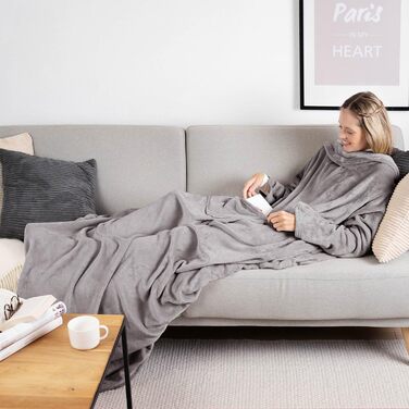 Ковдра з рукавами - Пухнаста затишна ковдра з рукавами - Сертифікована OEKO-TEX ковдра з рукавами та кишенею для ніг - Ковдра з рукавами для жінок та чоловіків - Ковдра з рукавами для дорослих різних кольорів 01 - Сіра ковдра з рукавами для дорослих