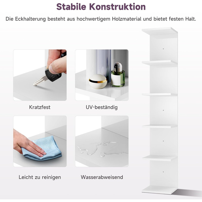 Книжкові полиці SONNI, настінна полиця, 6 полиць, які можна використовувати як настінну або окремостоячу полицю, полиця для книг, журналів, декору, окремостояча полиця в індустріальному стилі для вітальні, кухні, домашнього офісу, біла, 30x24,8x160 см. Бі