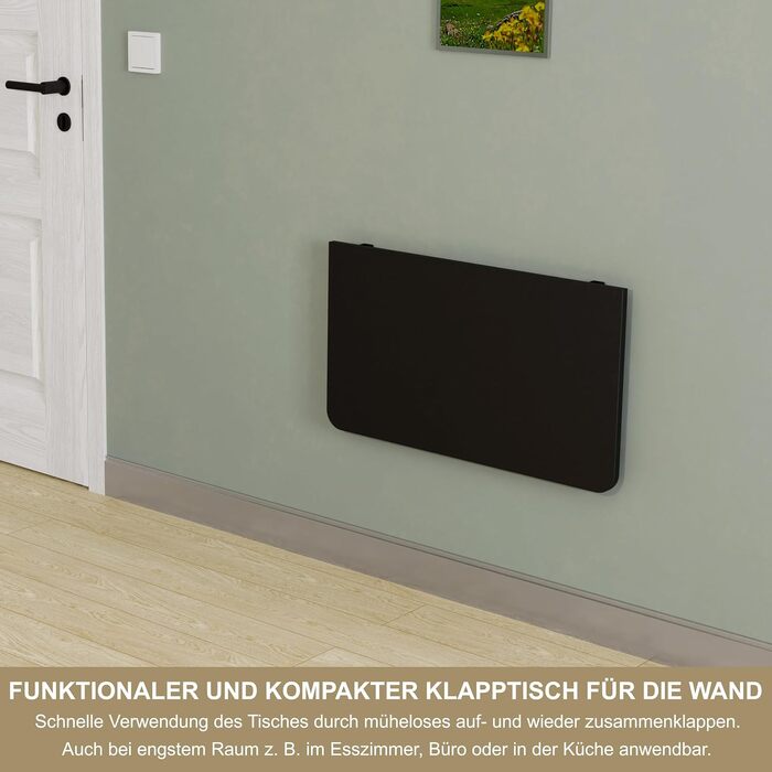 Настінний розкладний стіл KDR 70x40 см, чорний, із закругленими кутами Складаний стіл для настінного монтажу як обідній стіл, письмовий стіл, кухонний стіл або робоча зона компактний та універсальний