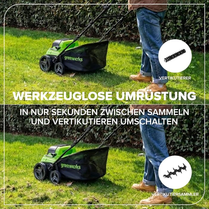 Акумуляторний вертикальний скарифікатор та аератор 2-в-1 безщітковий, ширина захвату 38 см, 5 рівнів регулювання висоти, 45л травозбірник, складна ручка, акумуляторний садовий інструмент (акумулятор не входить до комплекту), модель GD2X24SC38II, 48V (24V 