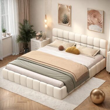 Ліжко DULLLLY Bubble 140x200, Ліжко 140x200 з рейковою основою, Дитяче ліжко з м&39яким узголів&39ям, М&39який каркас ліжка для спальні та гостьової кімнати, без матраца, Льняна тканина (бежевий) 140x200 білий